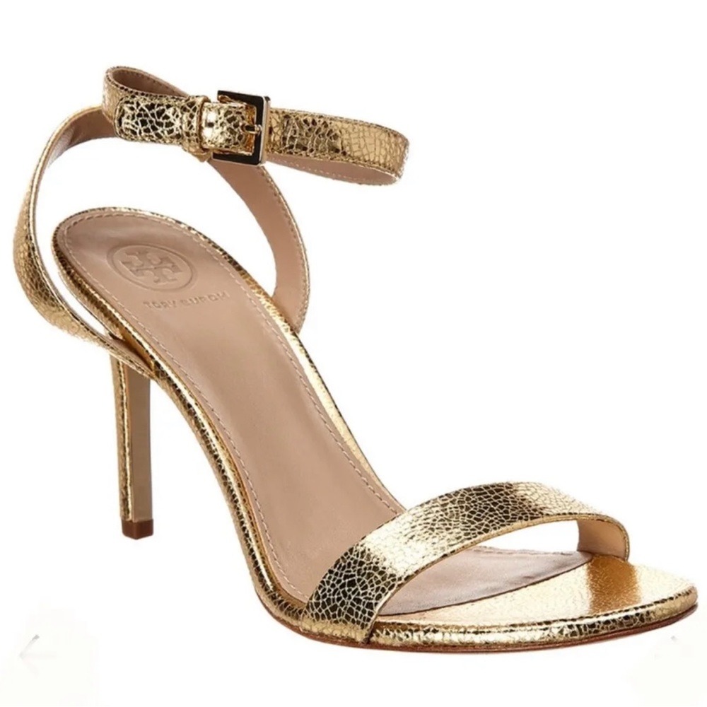 Tory Burch Gold Leather Strap Sandal Heel